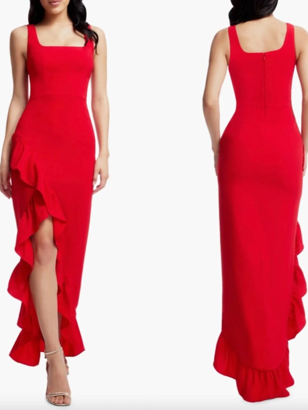 NEW DRESS THE POPULATION Red CHARLENE Square Neck ASYMM RUFFLE Side Slit GOWN M